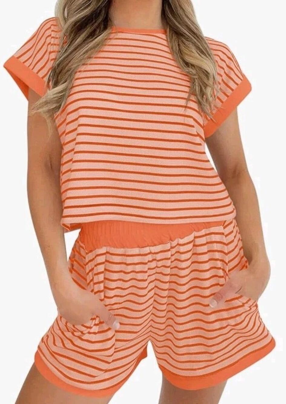 Tankaneo Women's 2 Piece Lounge Set Striped Knit Short Sleeve Shirt and Short